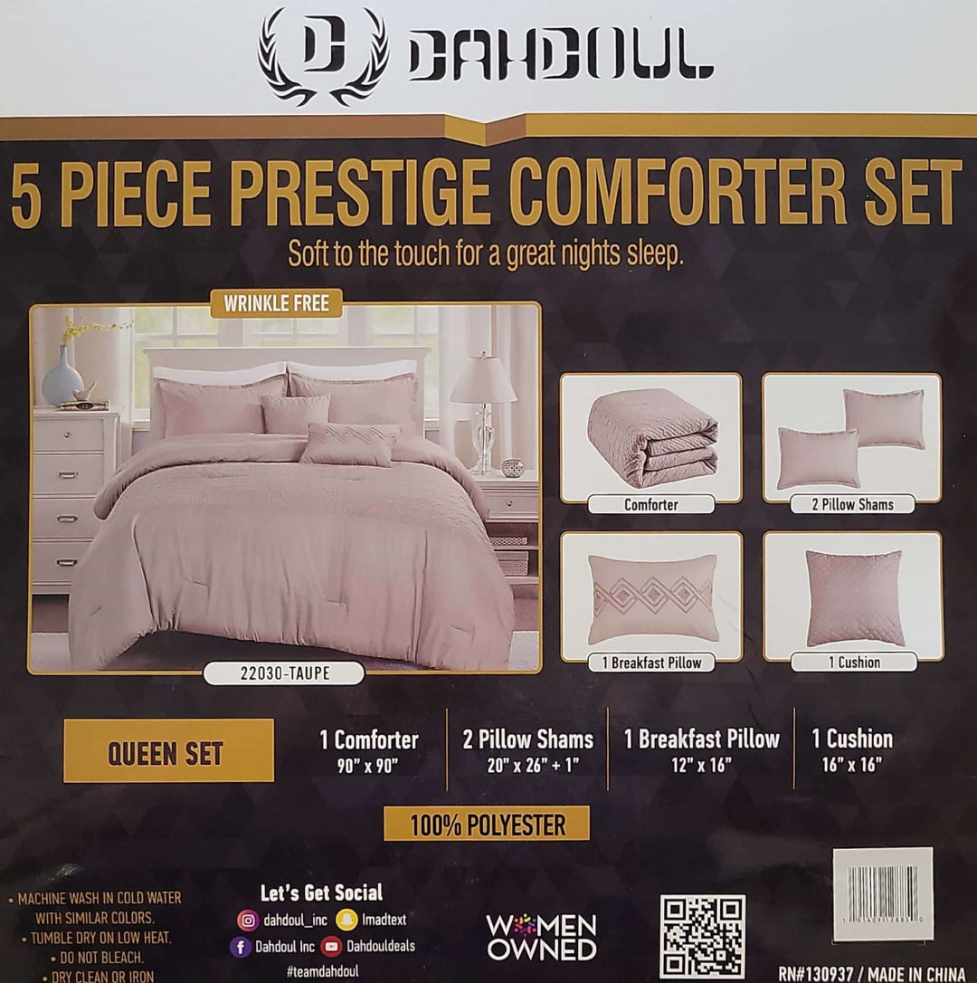 5PC Prestige Comforter Set - Taupe - Comforter, Pillow Sham, Breakfast Pillow, Cushion